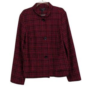 Talbots Glen Plaid Jacket Womens Petite Size 16 Black Red Knit Wool Blend